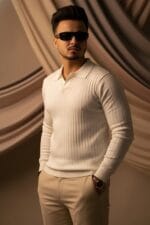 MEN'S  DIAMOND KNIT POLO CREAM CODE-KP98